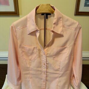 BCX Pastel Pink Button Up Blouse Size M Roll Tab 3/4 Sleeve Excellent Condition